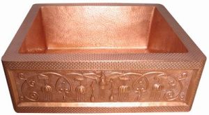 copper kitchen sink in old penny patina and Full Apron Frame