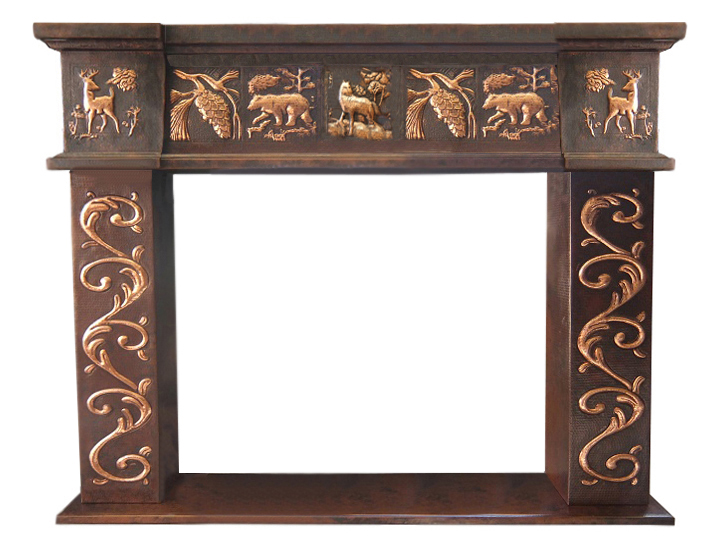 copper fireplace mantel with wild life design