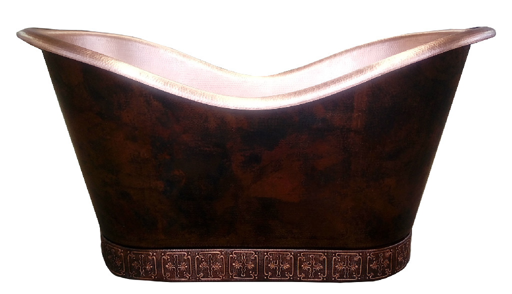 Copper bath tub with a tiled design base