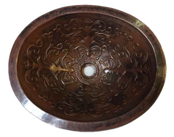 Copper sink with brown-dark patina finish