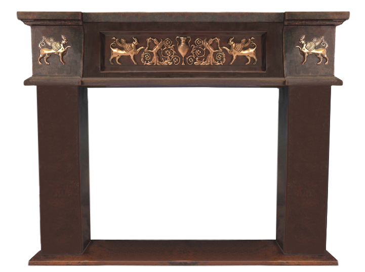 copper fireplace mantel with grecian design
