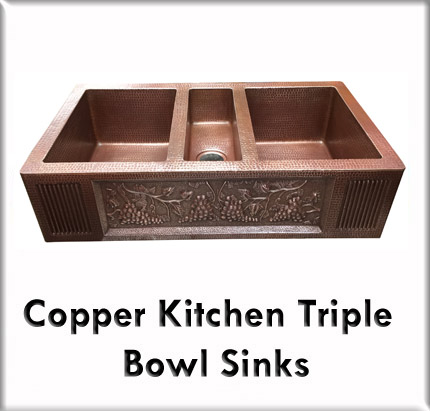Copper kitchen triple bowl sinks
