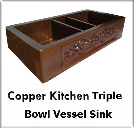 Copper kitchen triple bowl vessel sinks